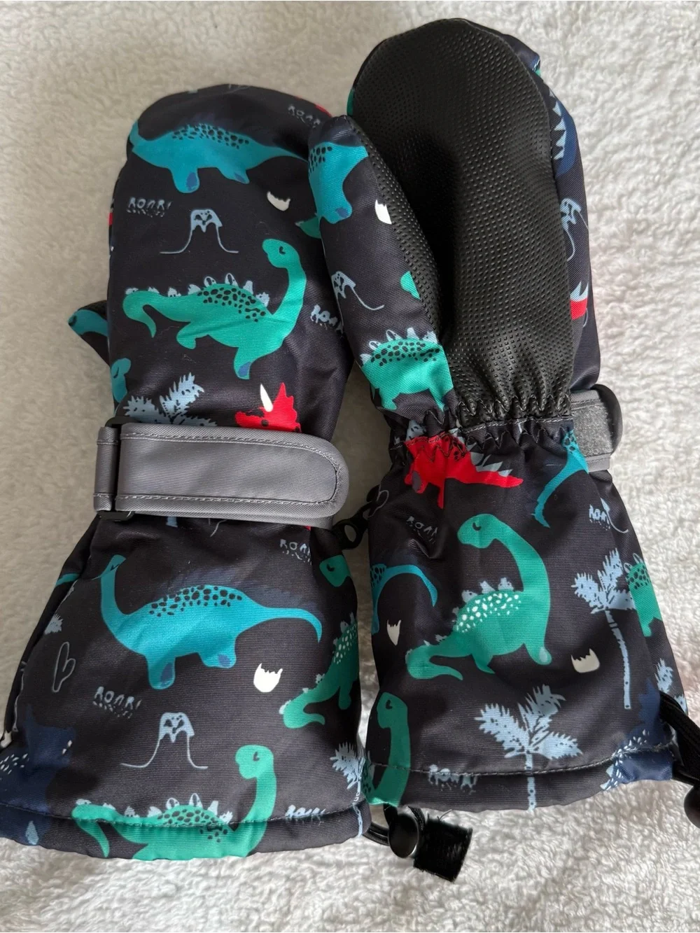 Amazon Kids Black Mittens with Teal & Red Dinosaur Print